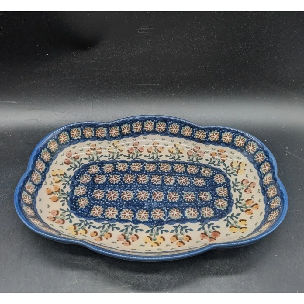 Boleslawiec Polish Pottery Scalloped Oval Serving Dish Hand Painted Folk Art 9